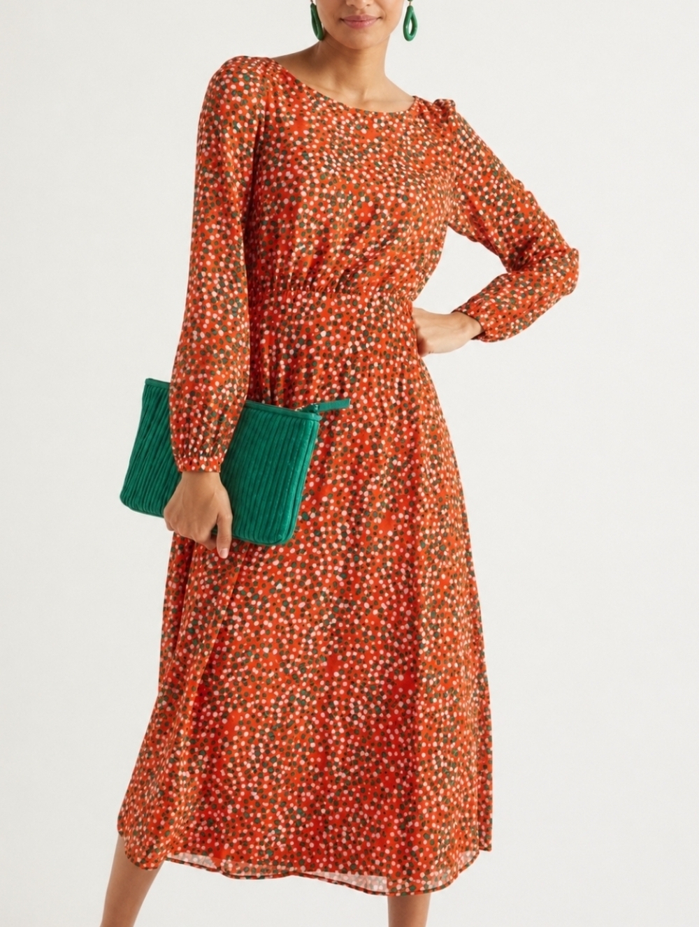 NWT Boden Ingrid Orange Sunset Speckle Long Sleeve Flowy Crew Neck Midi Dress